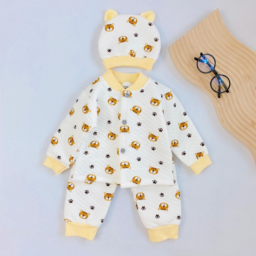 (Tặng kèm mũ) Bộ sơ sinh xốp trần bông cổ tàu giữ ấm cho bé sơ sinh (4-9kg)