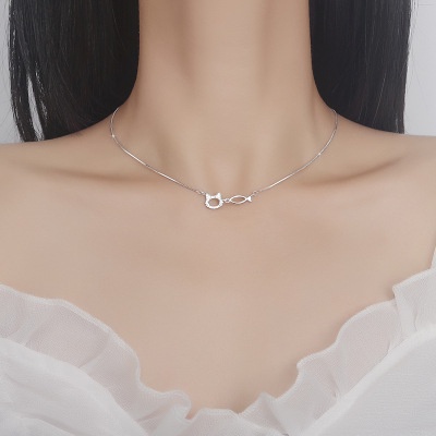 Vòng cổ Mặt Hình Mèo Và Cá Thiết Kế Đơn Giản Sáng Tạo Cho Nữ