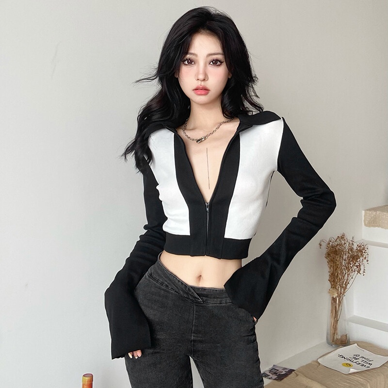 Weird Puss Áo Croptop Dài Tay Cổ Tim Phối Khóa Kéo Thời Trang Dành Cho Nữ
