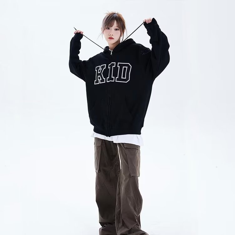 IELGY    Áo Khoác Hoodie Có Khóa Kéo Thêu Chữ Phong Cách Mỹ Cổ Điển Thời Trang Cho Nữ