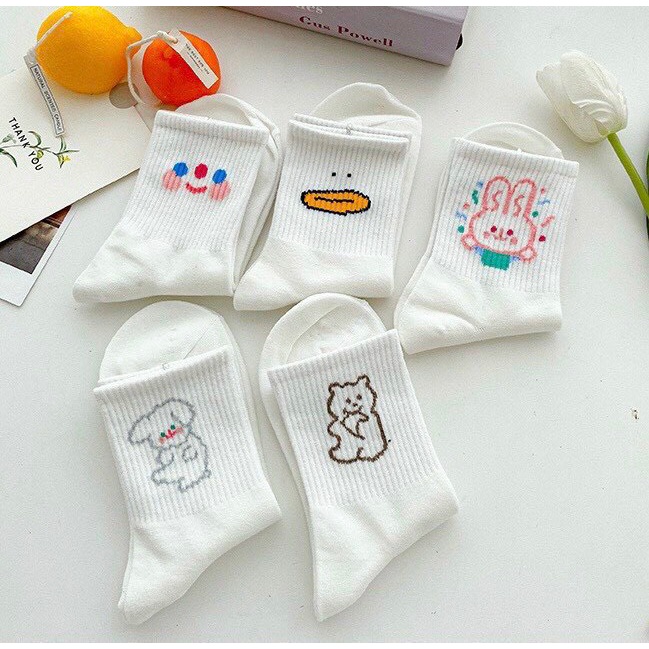 Tất nữ cổ cao màu trắng, họa tiết gấu vịt hoạt hình đáng yêu, chất liệu cotton, thấm hút mồ hôi