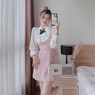 ĐẦM CARO NÚT NGỌC PHỐI CỔ BÈO REN TRẮNG (KÈM TAG HOA)_VN49