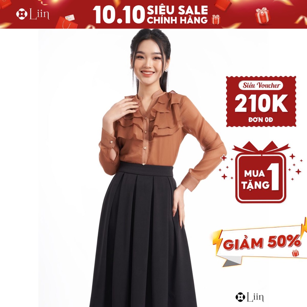 Áo kiểu nữ linbi thiết kế cổ tàu màu nâu bèo tầng cách điệu dài tay xinh xắn liin clothing SM3713