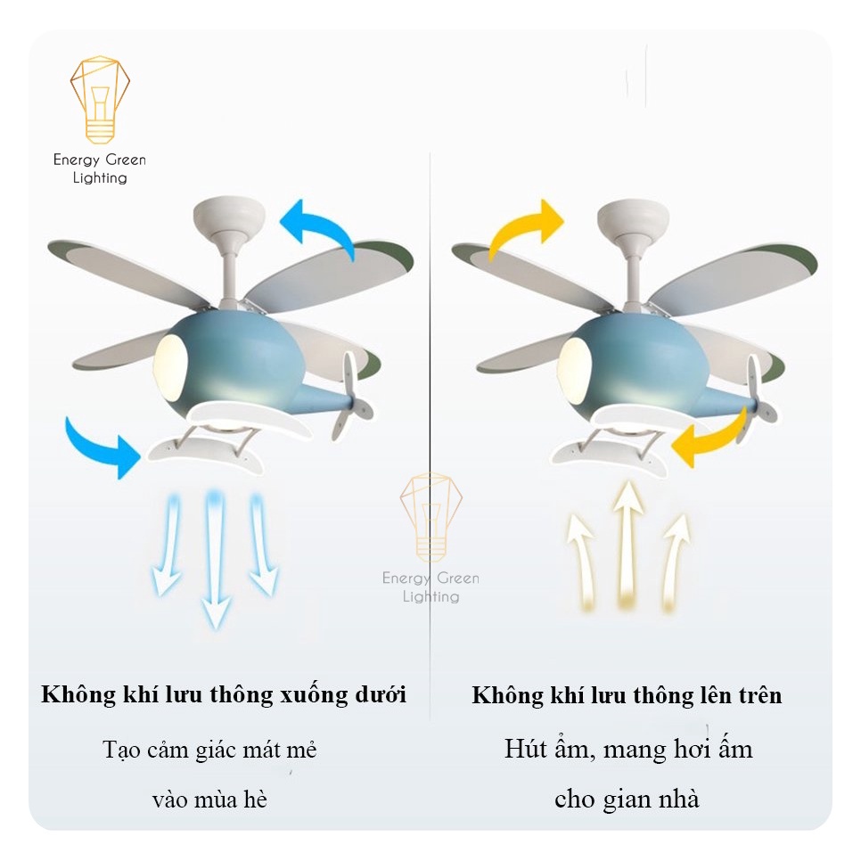 Quạt Trần Máy Bay Energy Green Lighting Có Đèn Led DGT-MB1 - 3 Chế Độ Ánh Sáng - 6 Tốc Độ gió - Decor Phòng Ngủ,Phòng Kh