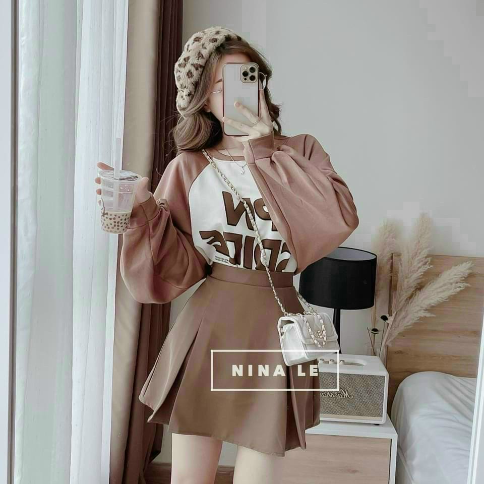 (Sale FreeShip) Sét váy nữ đi chơi,phong cách hàn xinh xắn áo phông tay dài phối màu in chữ nổi,tone màu nâu tôn da