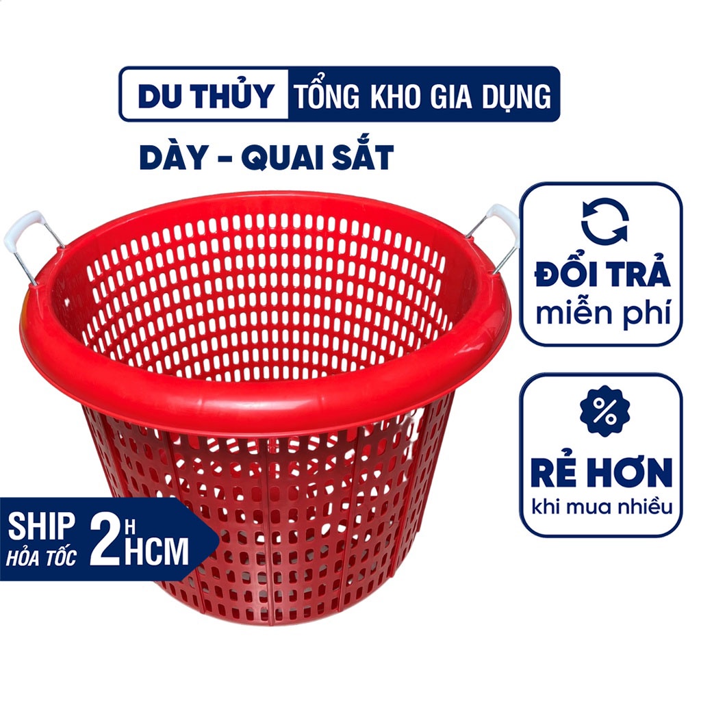 Sọt nhựa tròn có quai sắt dùng đựng trái cây, đựng tôm cá, quần áo, cần xé nhựa loại dày bền chắc chắn CTT