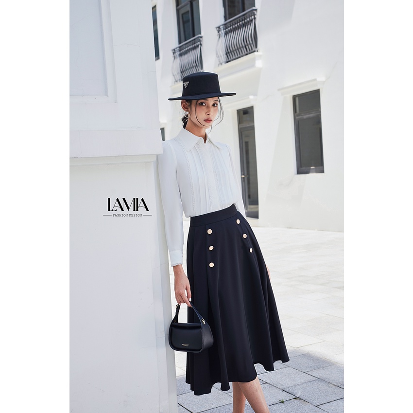 Váy công sở Lamia Design LV115 màu đen vải tuyết phối cúc dáng xòe midi cao cấp