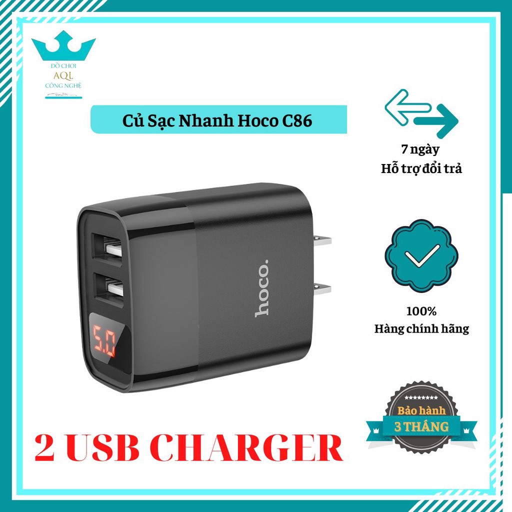 Củ Sạc Nhanh Hoco C86 2 Cổng USB, Với Thiết Kế Đèn LED Hiển Thị Điện Áp Dòng Ra. Công Suất 12W