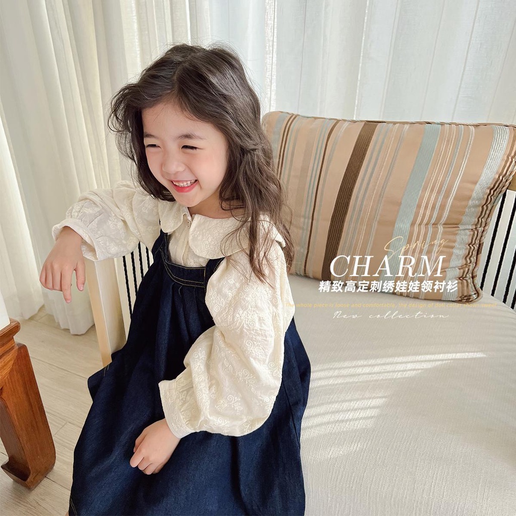 Set Áo Sơ Mi Cổ Búp Bê + Chân váy jean Thời Trang Hàn Quốc Cho Bé Gái 1-10 Tuổi