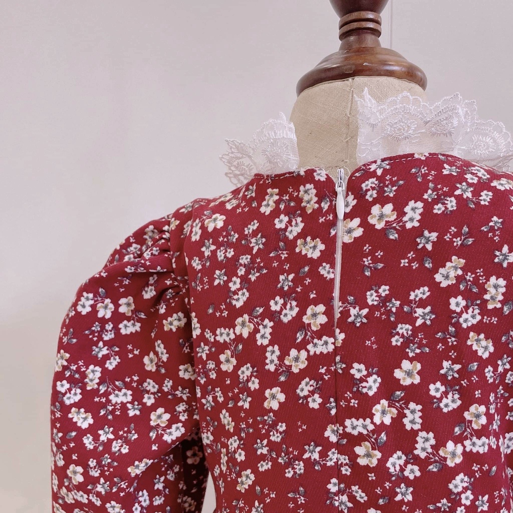 Váy thu đông dài tay cho bé gái từ 7-40kg chất nhung tăm lỳ màu đỏ hoa nhí ren trắng viền cổ và tay