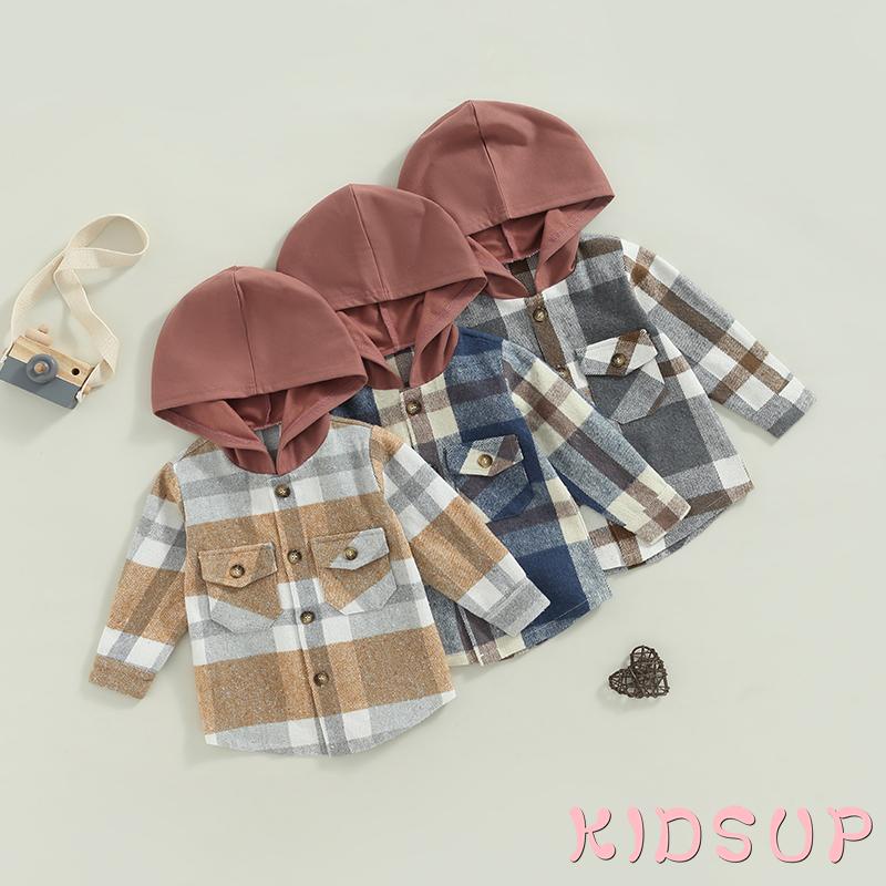 Kidsup1-áo Khoác Sơ Mi Nhung Tay Dài Có Mũ Trùm Cài Nút Kẻ Sọc Caro Thời Trang Thu Đông Cho Bé Trai