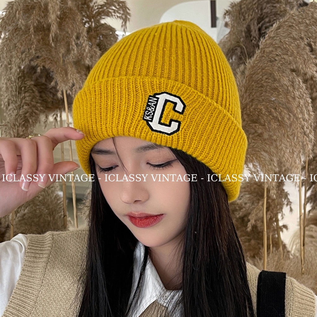 Mũ Len Nam Nữ Ulzzang Vintage Cao Cấp, Mũ Thêu chữ C 9 Màu Phong Cách Hàn Quốc - Iclassy_shoes