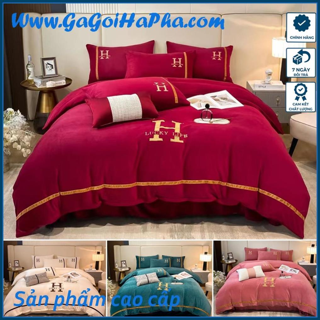 Bộ chăn ga gối nỉ nhung chữ H cao cấp, bộ ga giường nỉ 4 món phủ / chun, 1m 1m2 1m4 1m5 1m6 1m8 2mx2m 2m2
