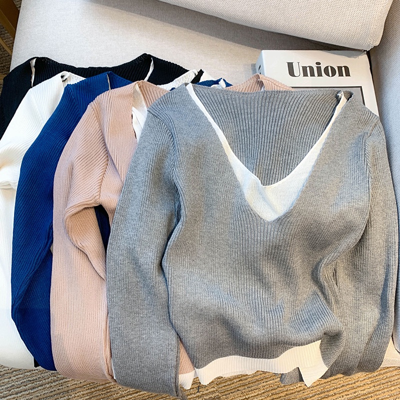 Áo sweater Dệt Kim Mỏng Cổ Chữ V Giả Hai Lớp Thiết Kế Mới Mùa Thu Cho Nữ