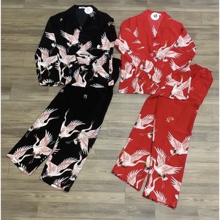 Pijama lụa mango chim hạc đen đỏ tay dài quần dài - Bộ lụa mặc nhà chất mát
