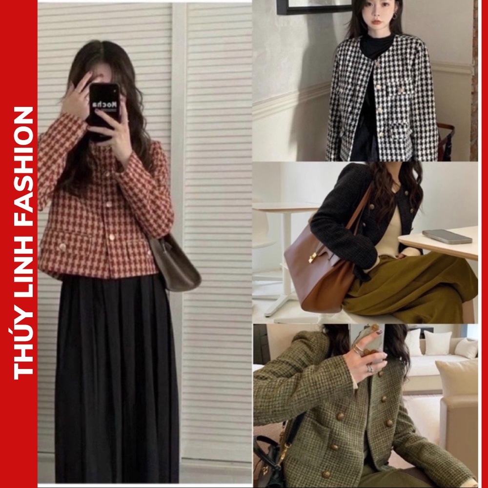 Áo Dạ Kẻ 2 Lớp Dày Dặn, Áo khoác dạ tweed nữ dài tay dáng ngắn , túi nắp họa tiết kẻ caro
