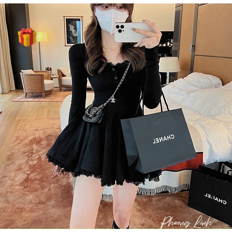Đầm cổ vuông tay dài viền ren cổ và dáy dáng xòe ngắn cực hot , chất thun gân dày dặn