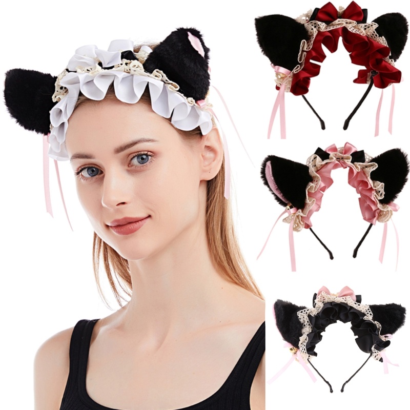 Băng Đô Tai Mèo Phối Ren Xếp Ly Kiểu Dáng Ngọt Ngào Dành Cho Nữ