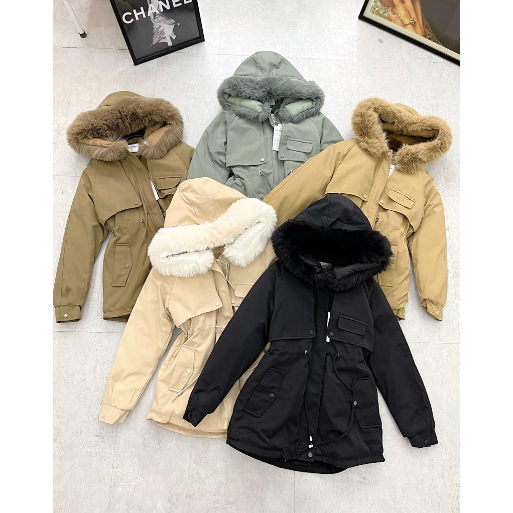 Áo khoác nữ Parka Kaki trần lông siêu ấm đại hàn lót lông lông mũ tháo rời tiện lợi thiết ngắn Eva Lover 818