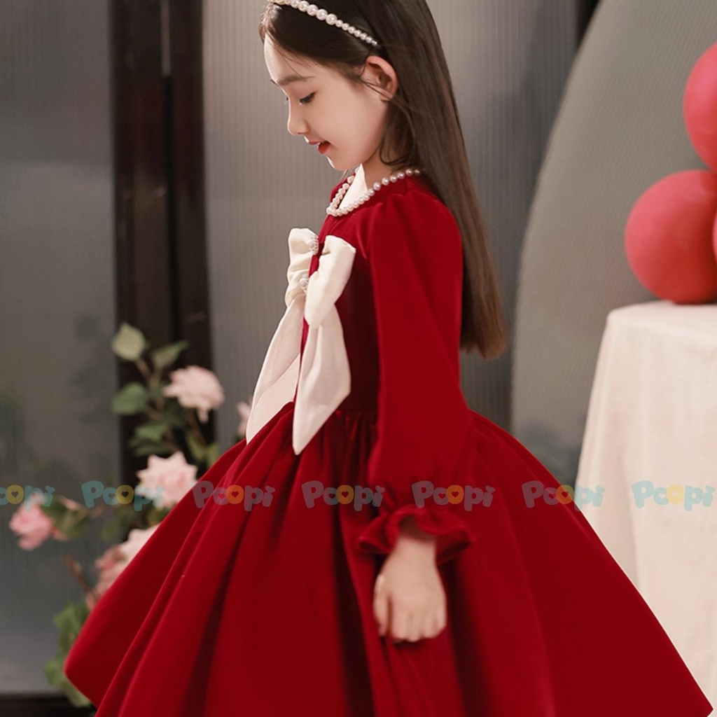 Váy Công Chúa Bé Gái Poopi Dáng Xòe Đính Nơ Xinh Vải Nhung Đỏ Cho Bé Đi Chơi Tết Dự Tiệc