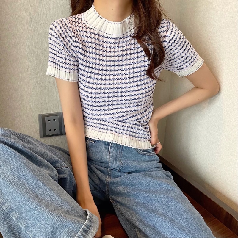 IELGY    Áo Thun Tay Ngắn Họa Tiết Sọc Ngang Màu Sắc Tương Phản Phong Cách Hàn Quốc Cho Nữ