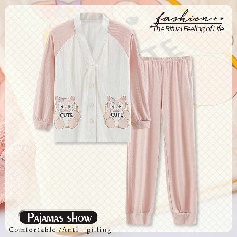 Bộ Đồ Ngủ Tay Dài Cổ Chữ V In Hoạt Hình Phong Cách Kimono Hàn Quốc Thời Trang Xuân Thu 2022