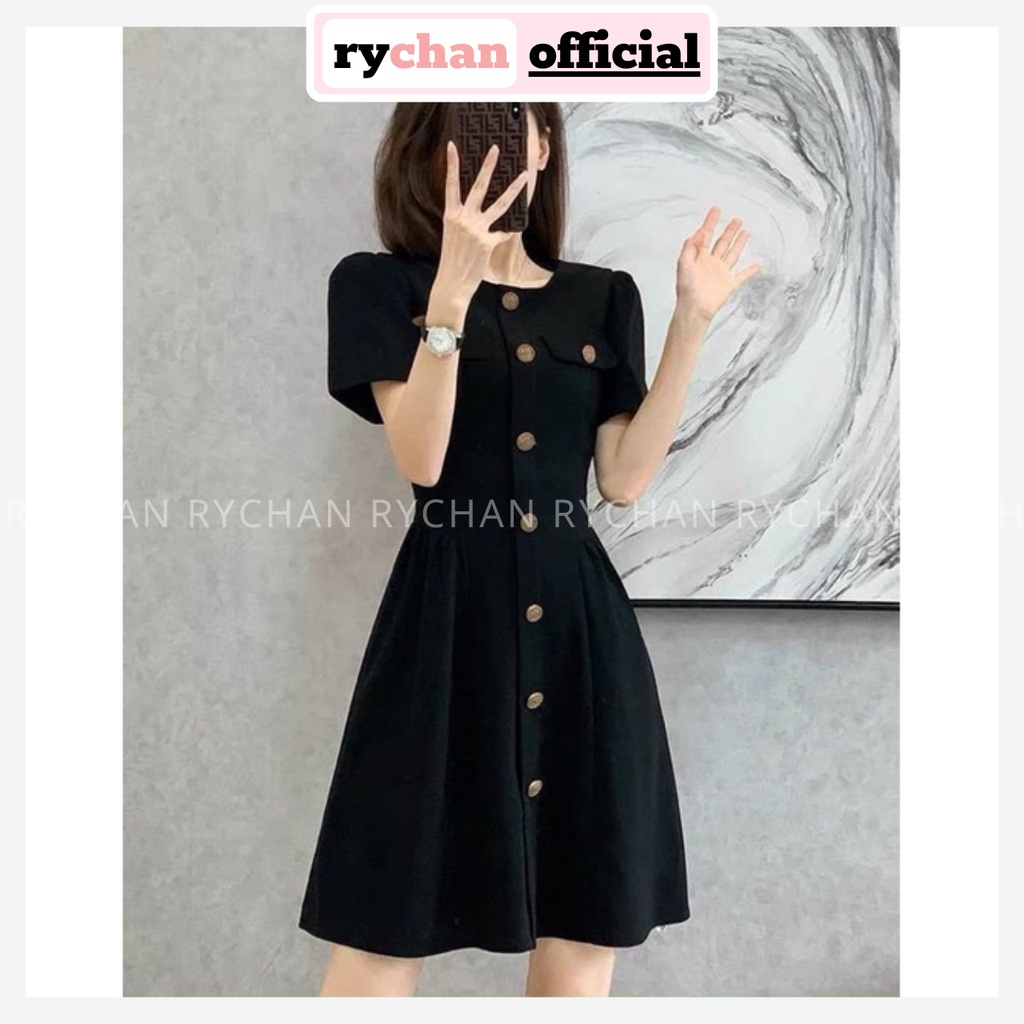 Đầm Nữ Đi Tiệc Dáng Ngắn Xòe Đính Cúc Trước Siêu Xinh, Đầm Thiết Kế Cổ Tròn Tay Ngắn Sành Điệu Màu Đen-DX414