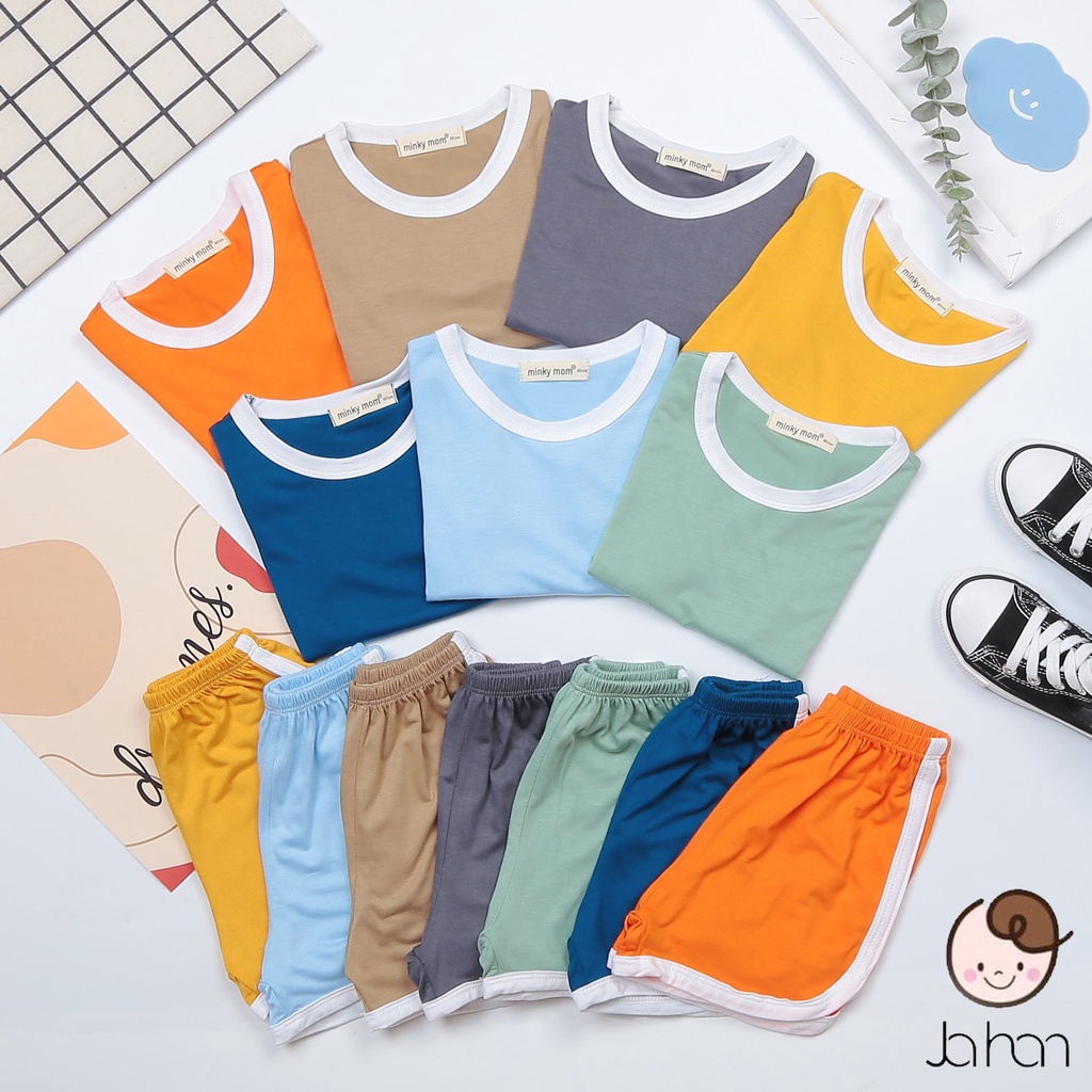 Bộ Đồ Cho Bé Gái Bé Trai Cộc Tay Minky Mom Màu Trơn Viền Trắng Vải Thun Lạnh Mềm Mịn Mát, Bộ Mặc Nhà Cho Bé  TNTRON