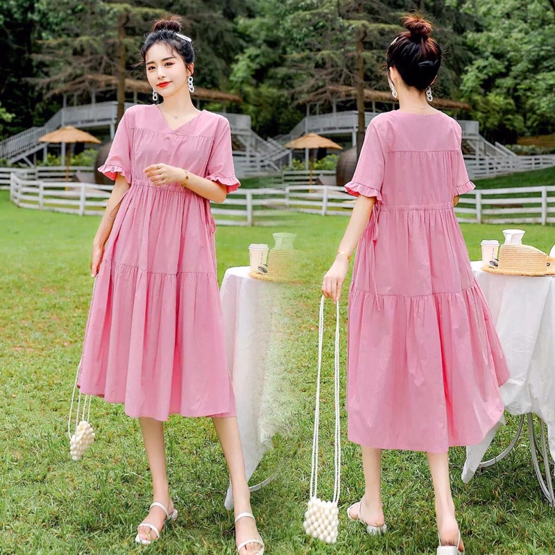 Váy bầu thiết kế trẻ trung xinh xắn 2 màu xanh và hồng size 40-75kg