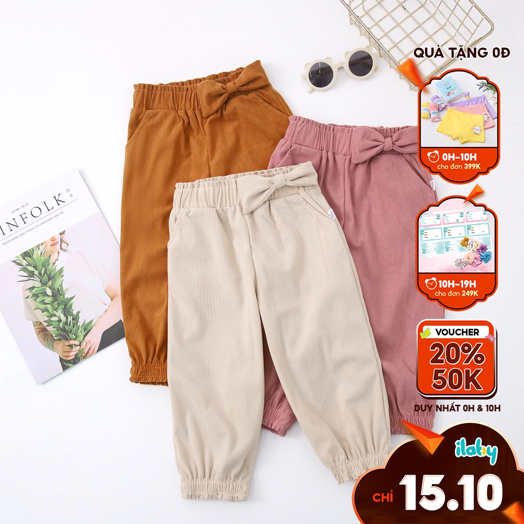 Quần nhung tăm bé gái ILABY phối nơ cạp ba màu [30IG1317I2DL]