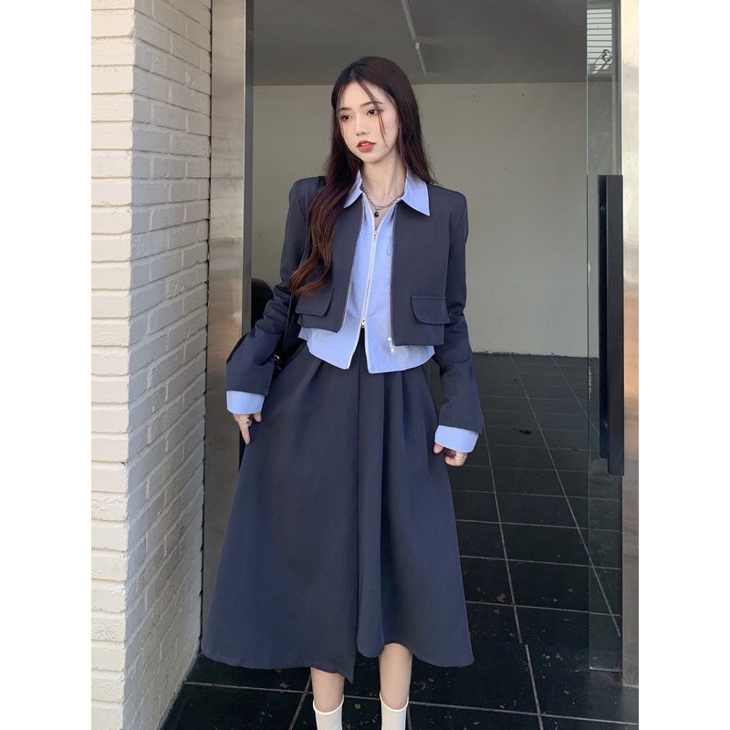 Set Áo Khoác Ngắn Tay Dài + Áo Sơ Mi + Chân Váy Thời Trang Mùa Thu 2022 Phong Cách Pháp Mới Cho Nữ