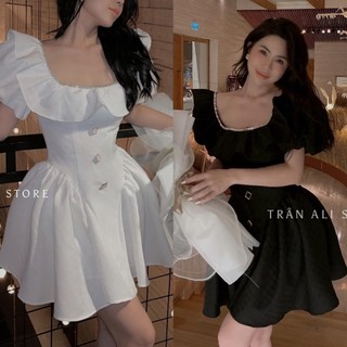 (Hình thật xem mô tả) Đầm xòe ráp mảnh cổ U phối bèo tay phồng viền đá sang trọng (Trắng/Đen)