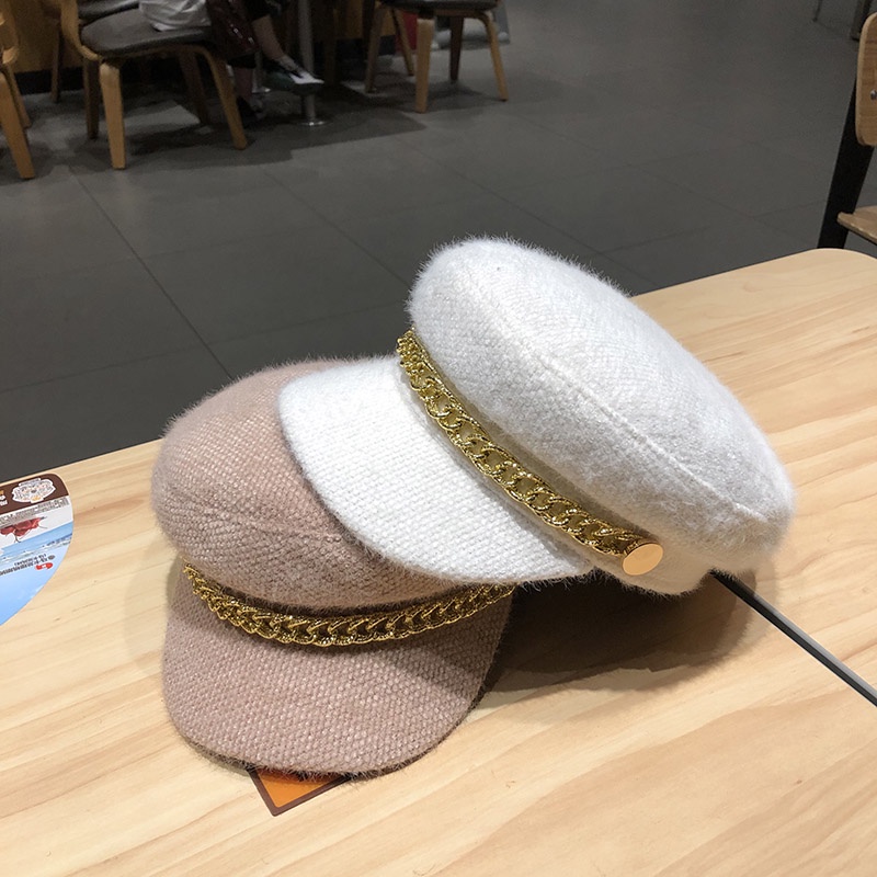 Mũ Beret Vải Lông Đính Dây Xích Thời Trang Thu Đông Hàn Quốc Cho Nữ