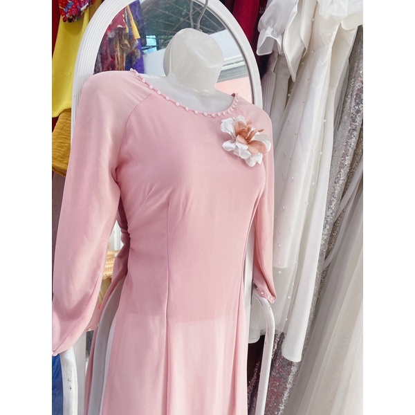 H03 Áo dài lụa cát Hồng cam thêu hoa