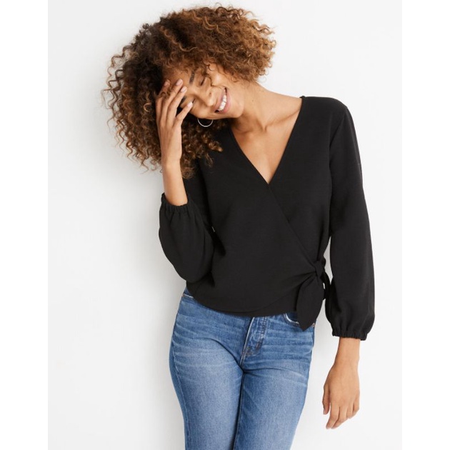 Áo nỉ xốp thắt nơ Madewell Texture Thread crepe wrap top