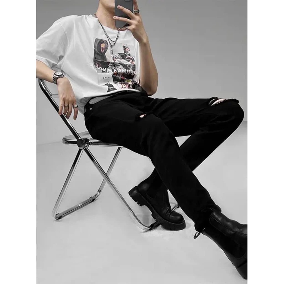 Quần Jean Nam CHAPEL đen trơn, xẻ gối, chất liệu cotton cao cấp, Street style.