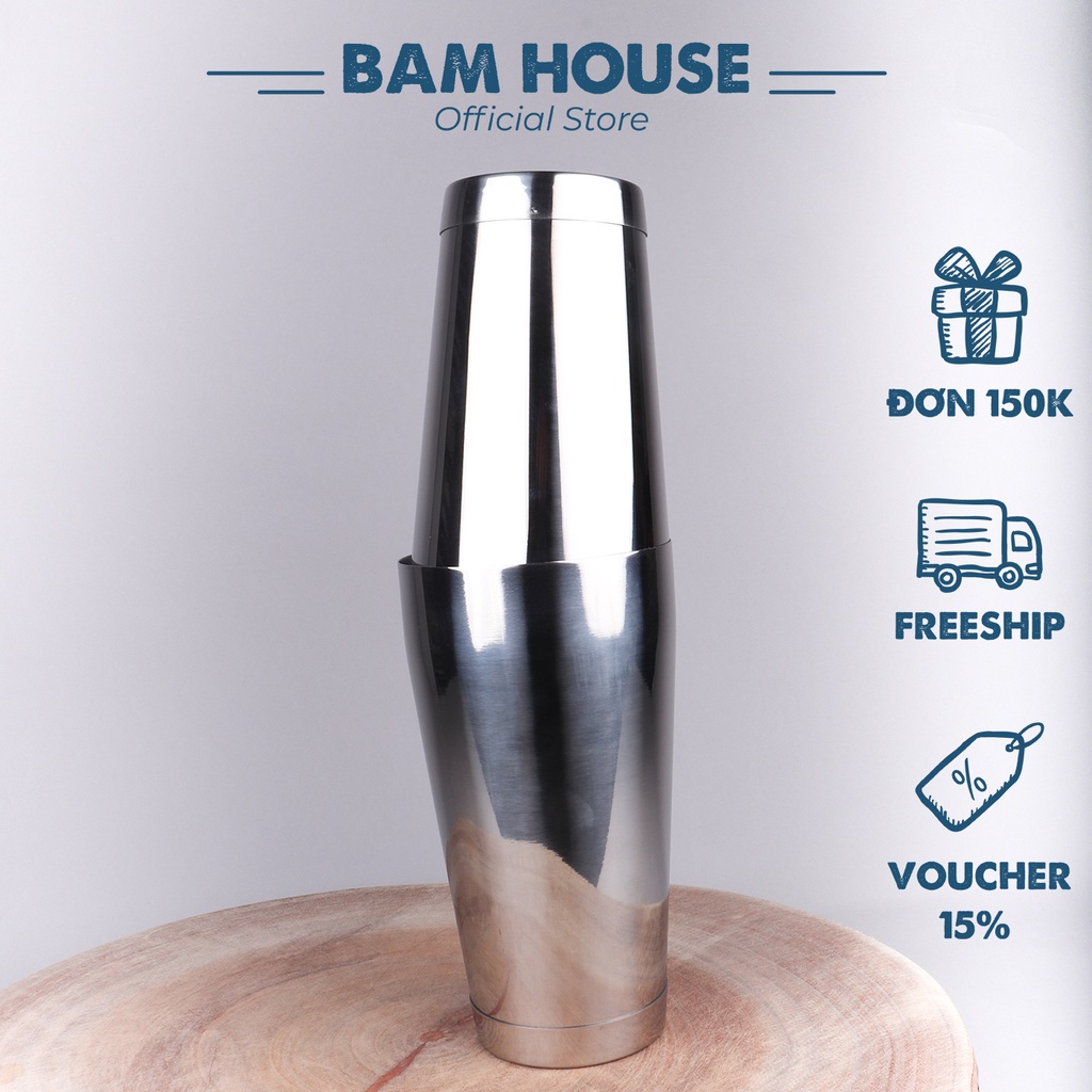 Bình lắc cocktail inox 2 đáy Bam House 2 ly rời cao cao cấp BLC04