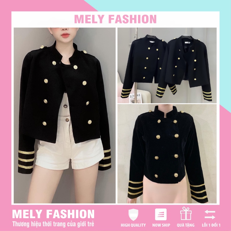 Áo khoác vest blazer nhung croptop dài tay cổ trụ hai lớp dáng ngắn lửng chất tuyết nhung màu đen ASM08