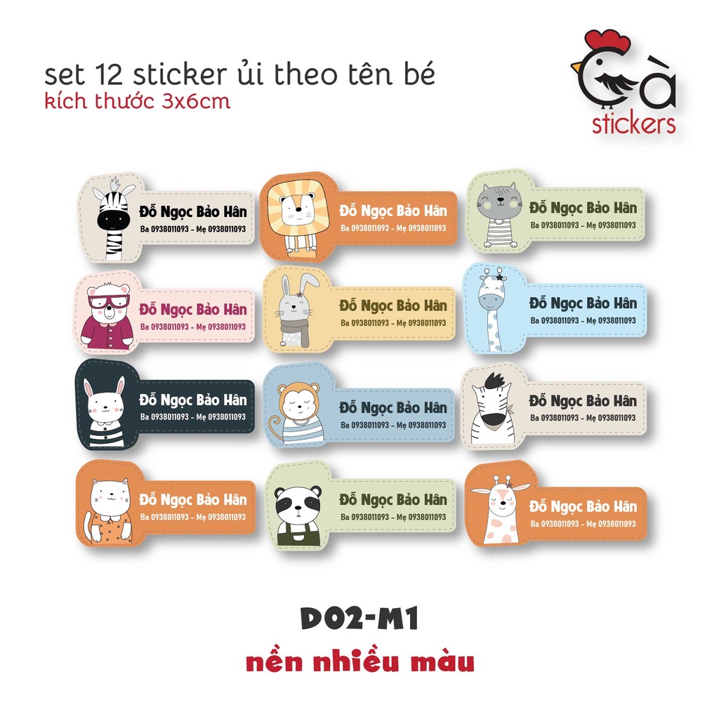 Sticker ủi áo in tên trẻ em GaStickers UT-D02- bộ 12 miếng kích thước 3 x 6 cm
