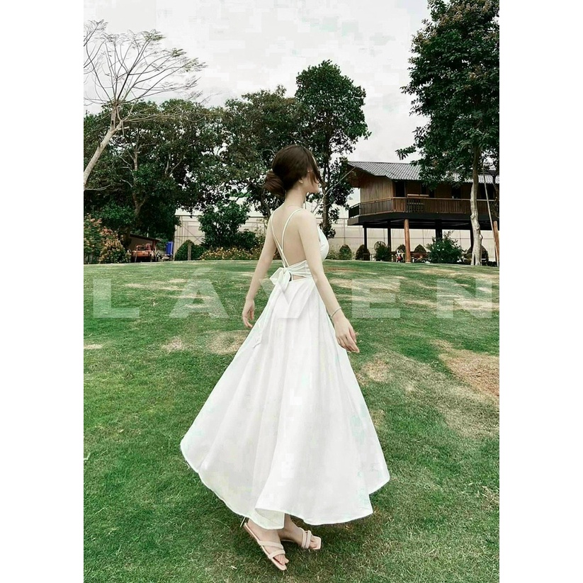 (FreeShip 2022) Đầm 2 sang chảndây nữ dáng dài,đầm thiết kế hở lưng cột nơ,chất lụa 2 lớp có mút,tone trắng sang chảnh