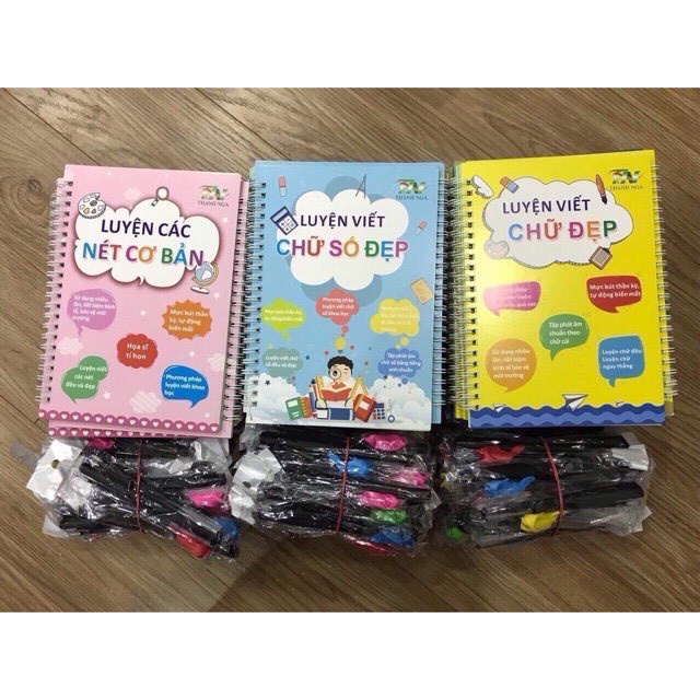 Combo 3 Quyển Luyện Viết Chữ, Số, Nét Cơ Bản Tự Xóa Thông Minh Cho Bé - Tặng Kèm Bút Mực Bay Màu