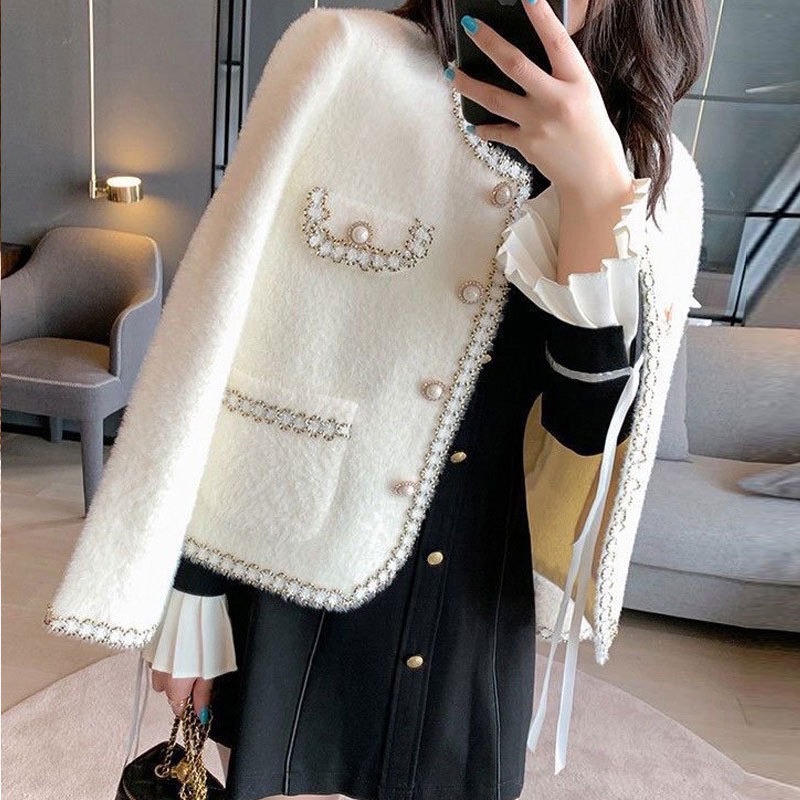 Áo khoác cardigan len nữ lông thỏ mềm mịn tiểu thư phong cách  dạ tweed Quảng Châu đen kem Hàn Quốc