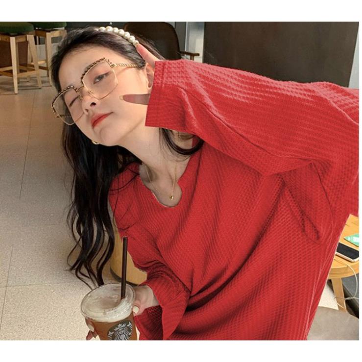 Áo thun tay dài nữ cổ khoét giọt lệ chất len tổ ong form thụng oversize ulzzang phong cách Hàn Quốc cá tính