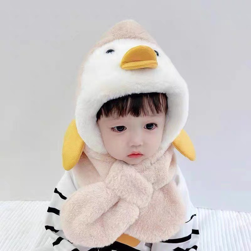 Mũ lông hình chú vịt con siêu ấm kèm khăn cho bé 1-3 tuổi