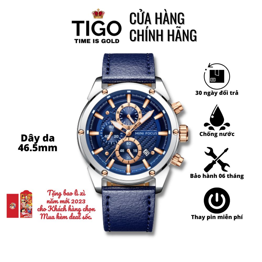 Đồng Hồ Nam MINI FOCUS MF0161G.01 Dây Da Xanh Viền Bạc Thép Không Gỉ Cao Cấp Mặt Tròn Đường Kính 46.5mm Chống Nước