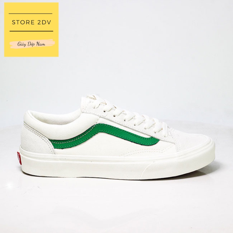 Giày Sneaker Nam Vans Old Skool Trắng Viền Xanh Lá Da Lộn Giày Vans Style 36