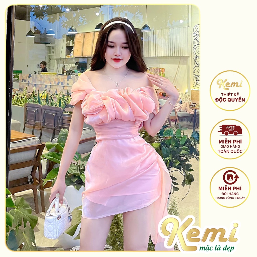 Váy đầm body nữ tà bay cách điệu tay bồng chất tơ xước cao cấp Kemi thiết kế mặc dự tiệc, ăn cưới, dạo phố