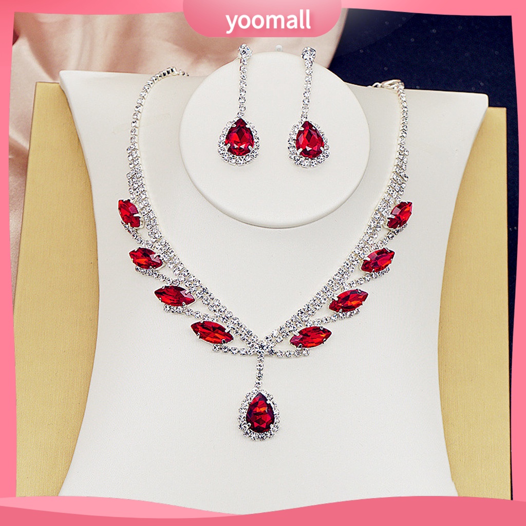 Yoomall| 1 Bộ Vòng cổ Và Bông Tai Mạ Điện Hình Giọt Nước Đính Đá Lấp Lánh Cho Cô Dâu