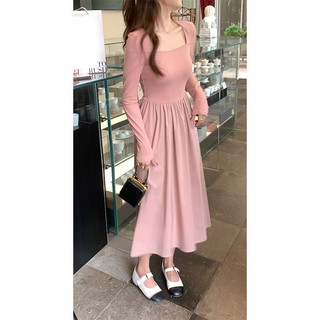 Đầm midi Dệt Kim Tay Dài Cổ Vuông Màu Đen / Hồng Thời Trang Mùa Thu Xinh Xắn Cho Nữ