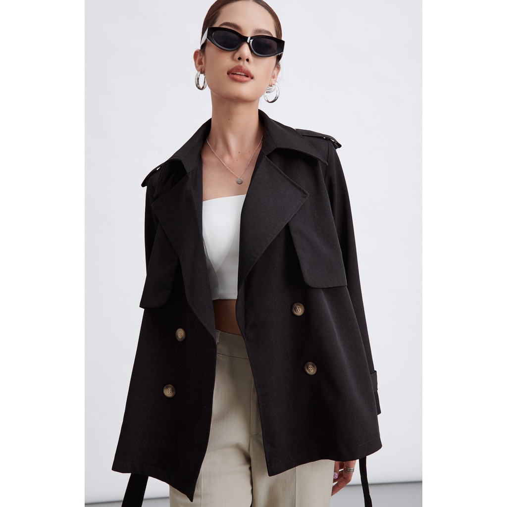 Áo Khoác Măng Tô / Trench Coat Dáng Ngắn Kèm Đai Vải Kaki Ướt 2 Lớp Màu Đen